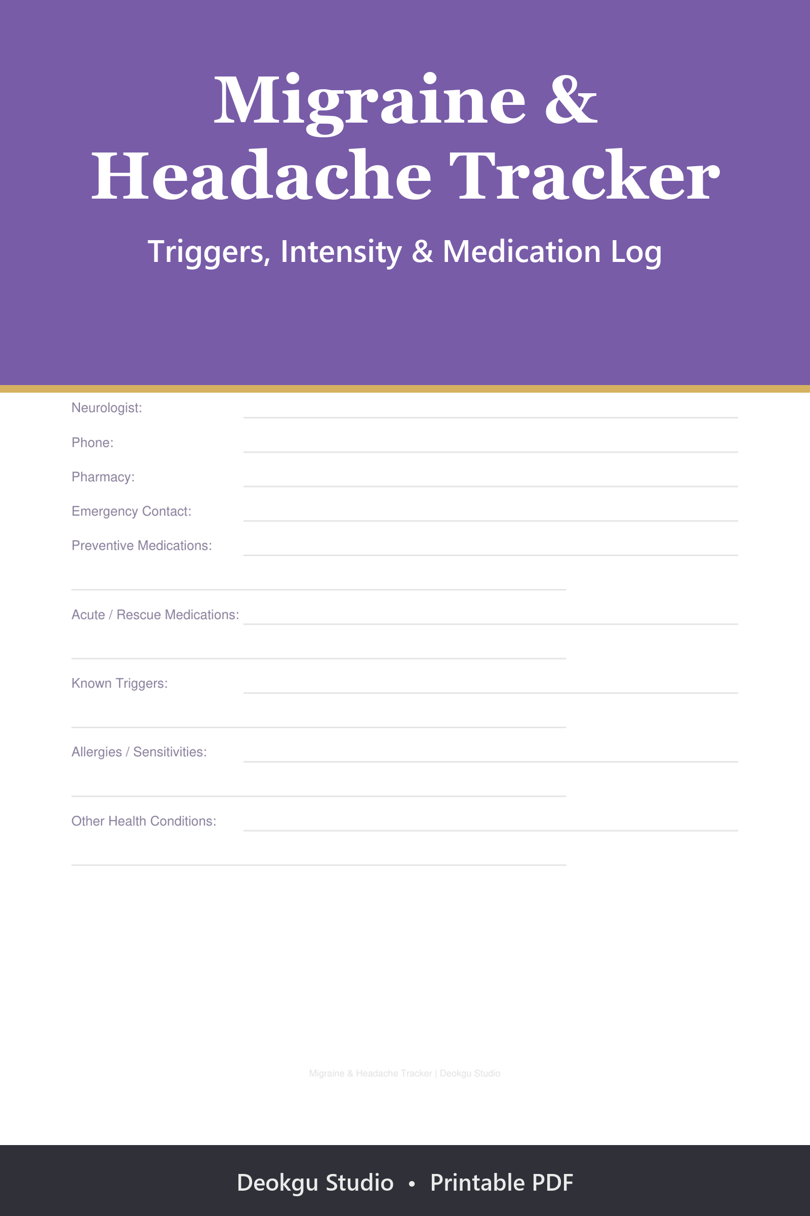 Migraine & Headache Tracker 2026 printable PDF